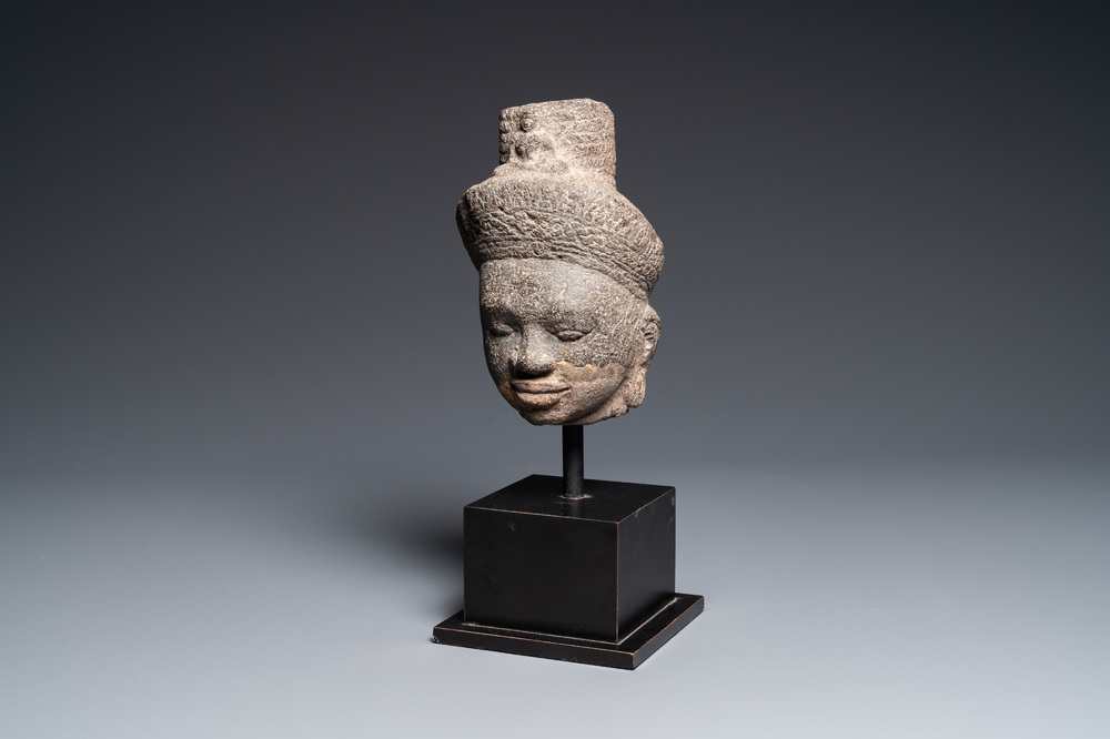 A stone head of Avalokitesvara, Khmer, Cambodia