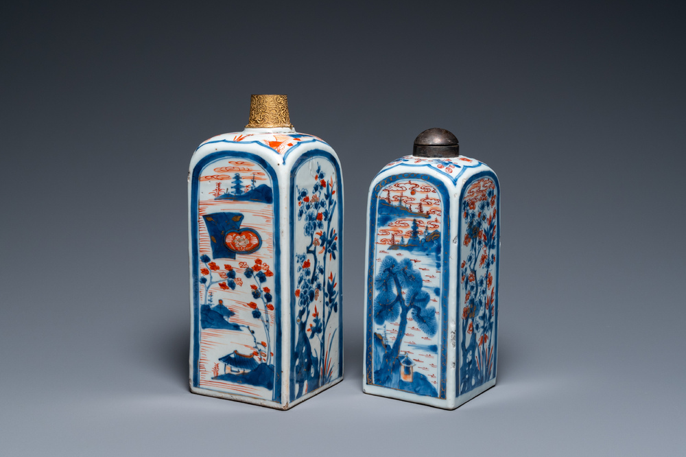 Two Chinese Imari-style square bottles with metal mounts, Kangxi