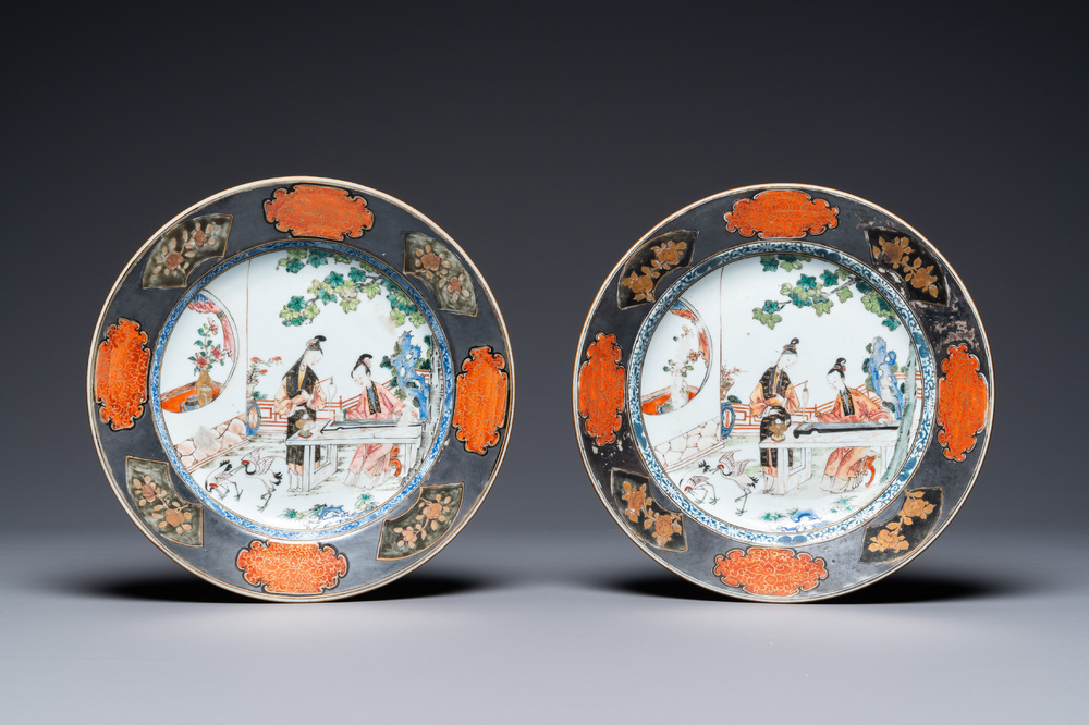 A pair of Chinese famille rose plates with ladies playing music, Yongzheng
