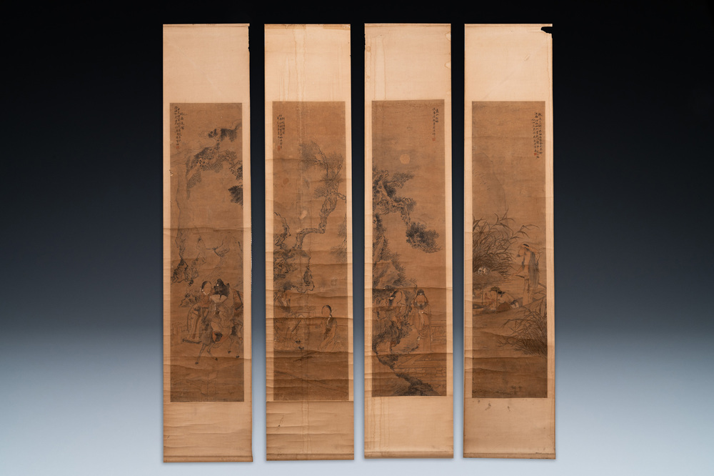 Luo Qing 羅清 (1821-1899): 'Vier scrolls met figuren in berglandschappen', inkt en kleur op papier
