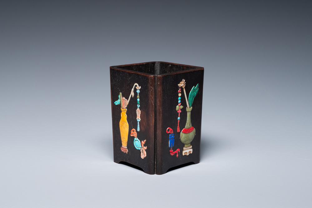 A Chinese hardstone-embellished zitan brush pot, 19th C.