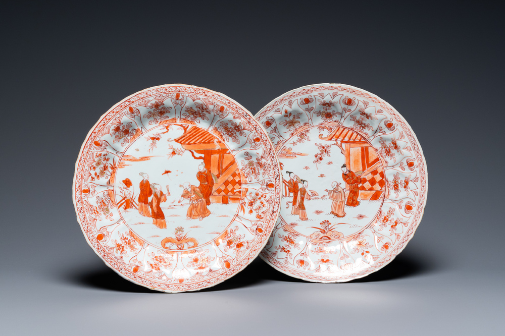 Two Chinese iron red and gilt lotus-shaped dishes, Kangxi
