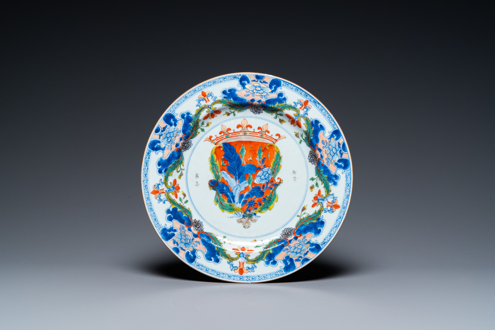 A rare Dutch-decorated Chinese blue and white armorial dish, Yongzheng