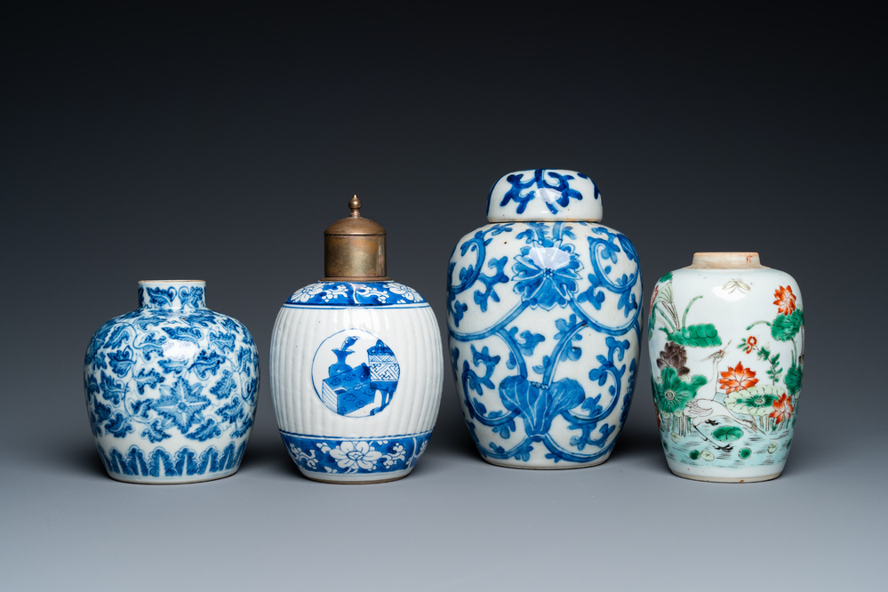 Three Chinese blue and white vases and one in famille verte, Kangxi and later