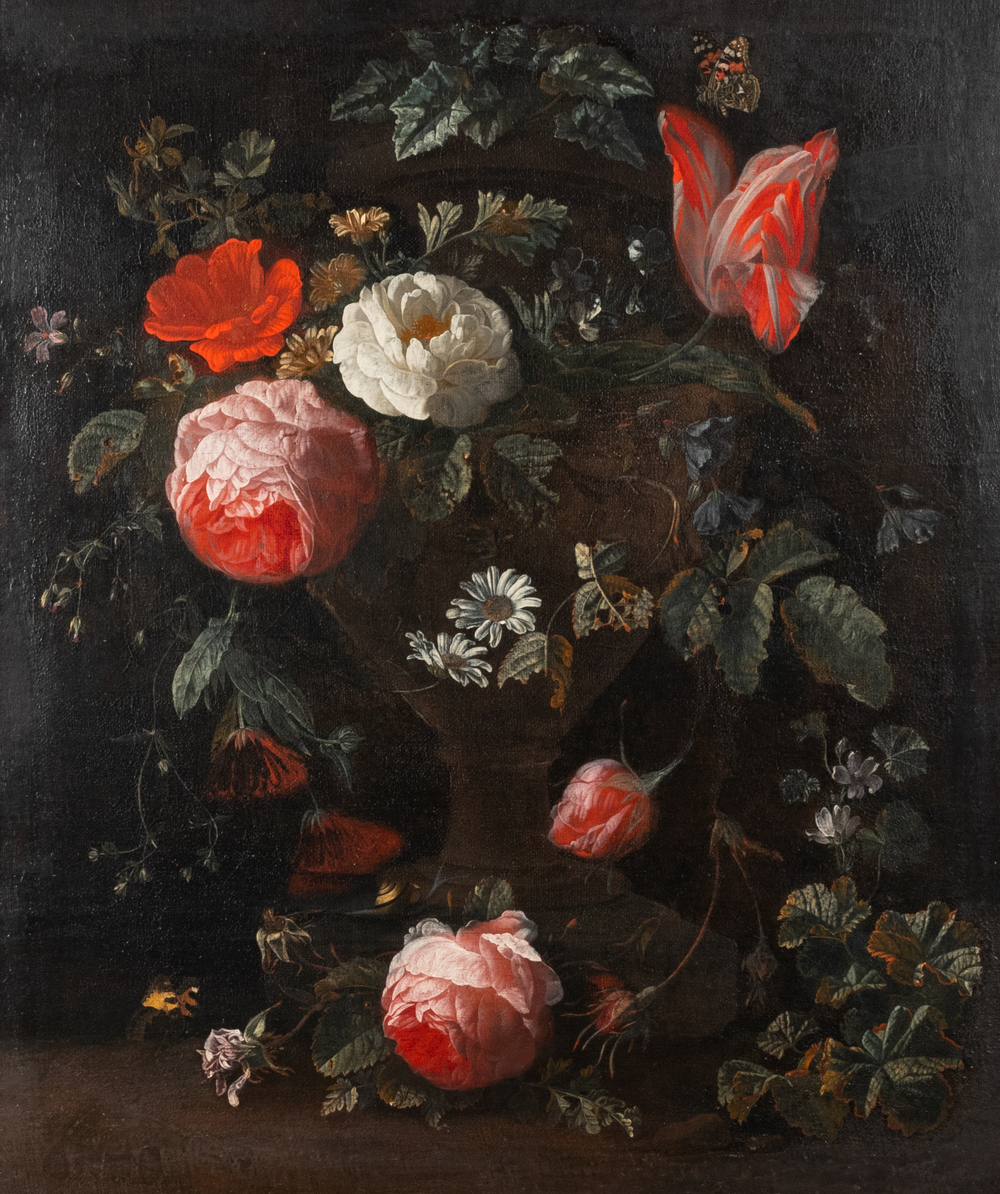 Van Verendael, Nicolaes (1640-1691, attr. &agrave;): Urne au bouquet de fleurs avec papillon, huile sur toile