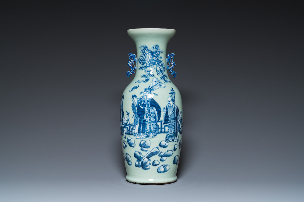 A Chinese blue and white celadon-ground 'immortals' vase, 19th C.