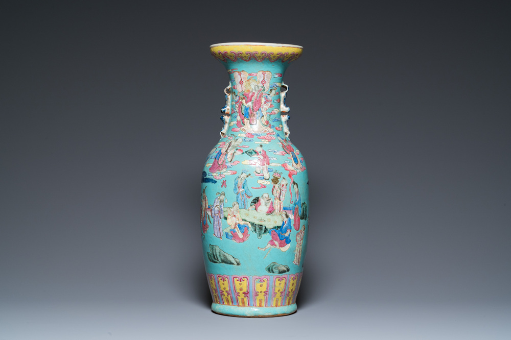 A Chinese famille rose turquoise-ground 'immortals' vase, 19th C.
