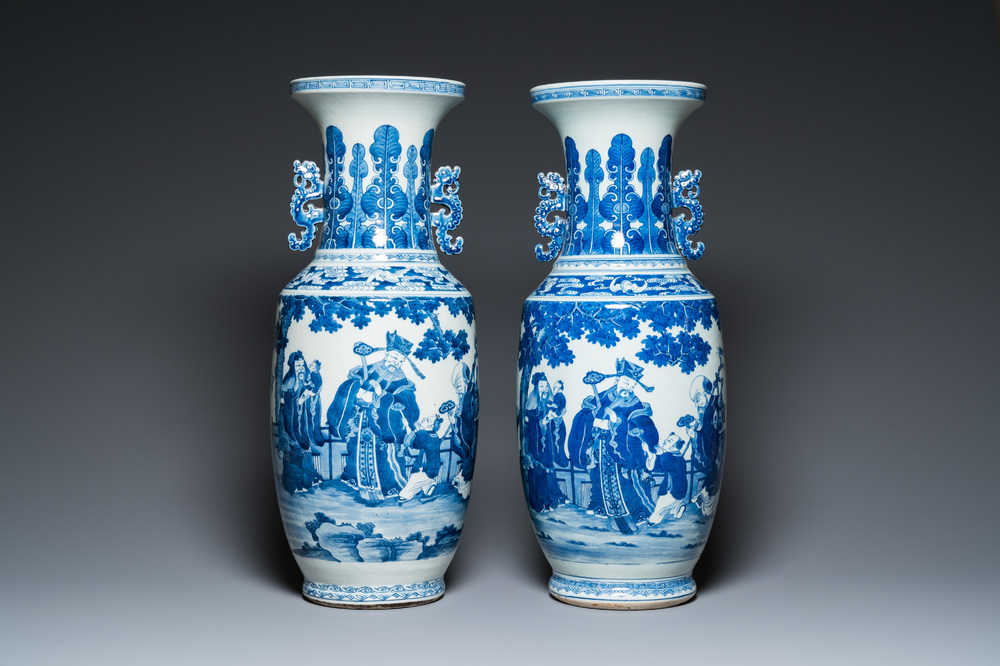 A pair of Chinese blue and white 'Sanxing' vases, Jiaqing