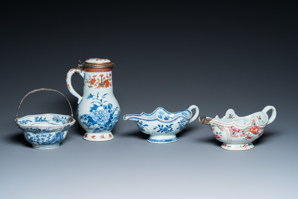 A Chinese blue and white covered ewer, a bowl and two sauceboats, Kangxi/Qianlong