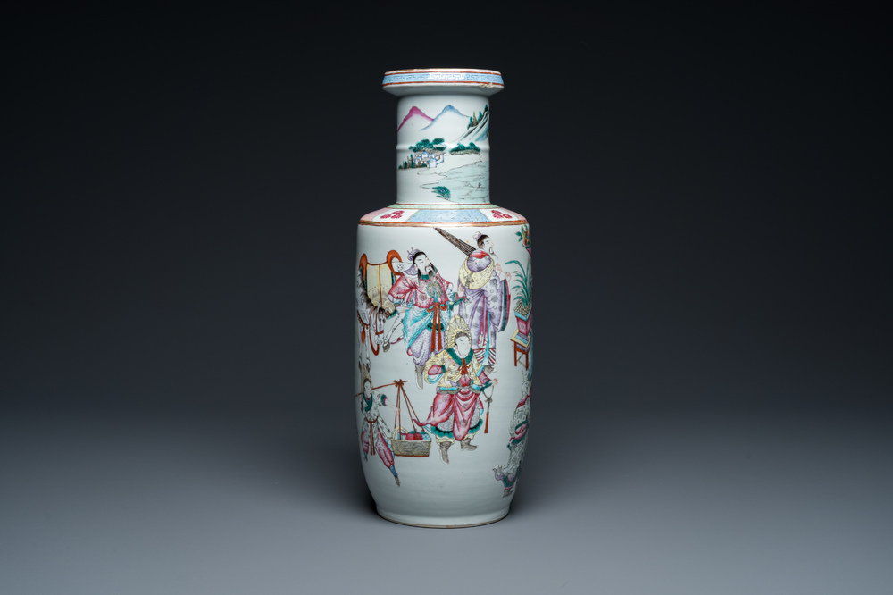 A fine Chinese famille rose rouleau vase with narrative scene, 19th C.