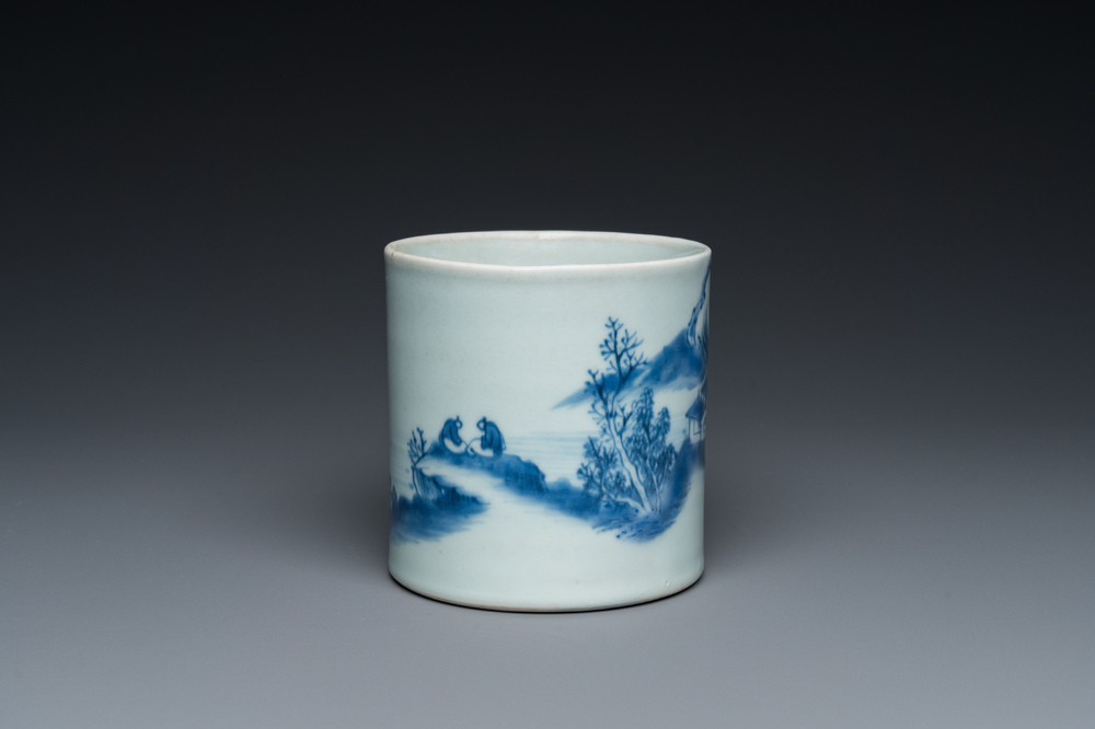 A Chinese blue and white 'landscape' brush pot, probably Kangxi
