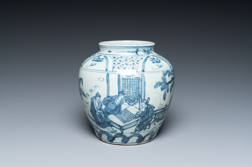 A Chinese blue and white vase with go-players, probably Southern China, 17th C.
