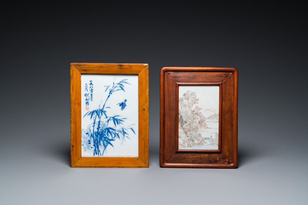 A Chinese grisaille 'landscape' plaque and a blue and white plaque signed Hu Xianya 胡献雅, 20th C.