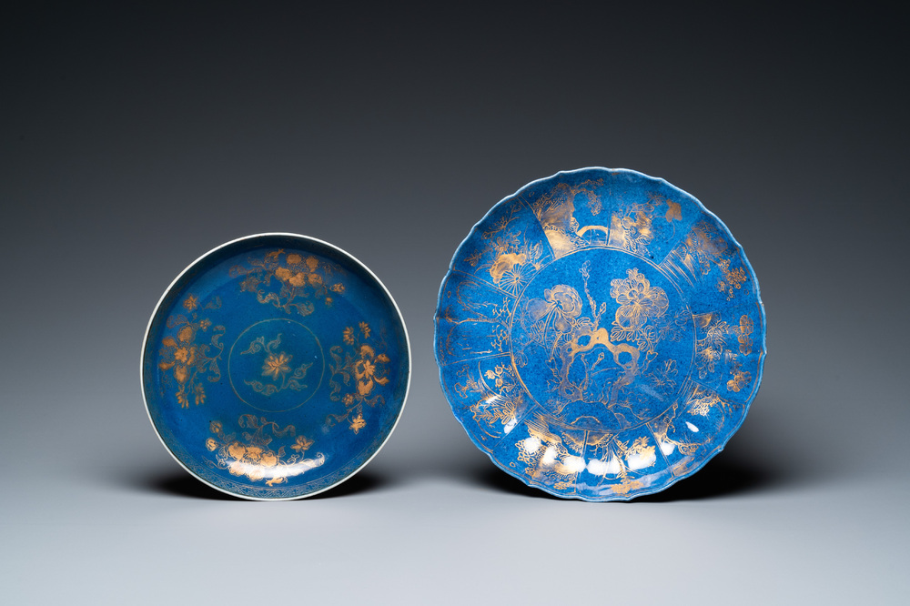 Two Chinese gilt-decorated powder-blue dishes, Kangxi