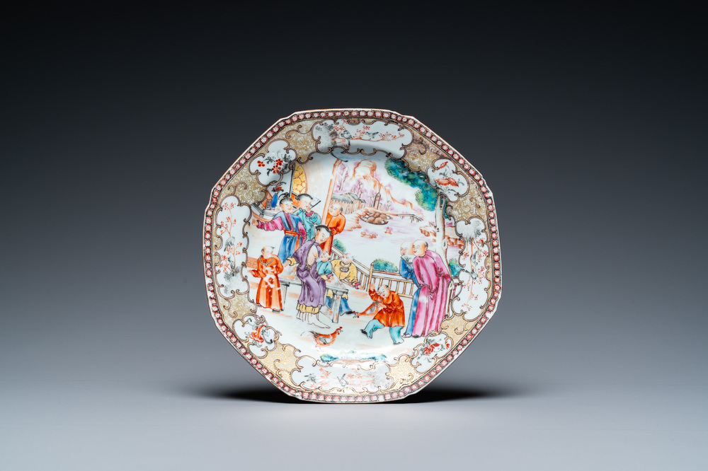 A rare Chinese famille rose 'mandarin' plate with a breastfeeding scene, Qianlong