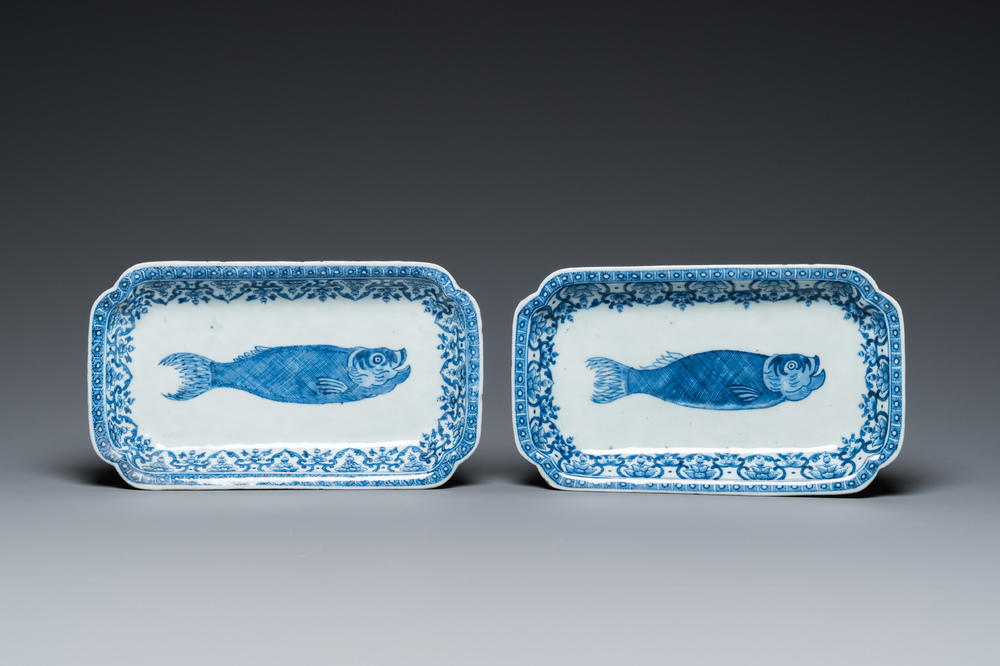 A pair of Chinese blue and white 'herring' dishes, Qianlong
