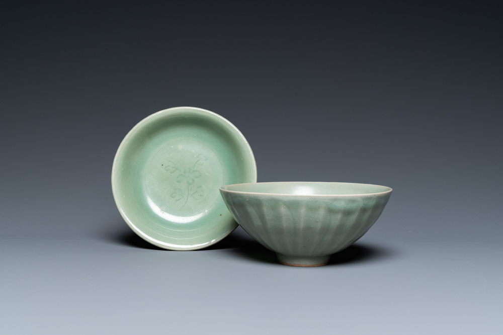 A Chinese Longquan celadon 'lotus' bowl and a dish, Song or later