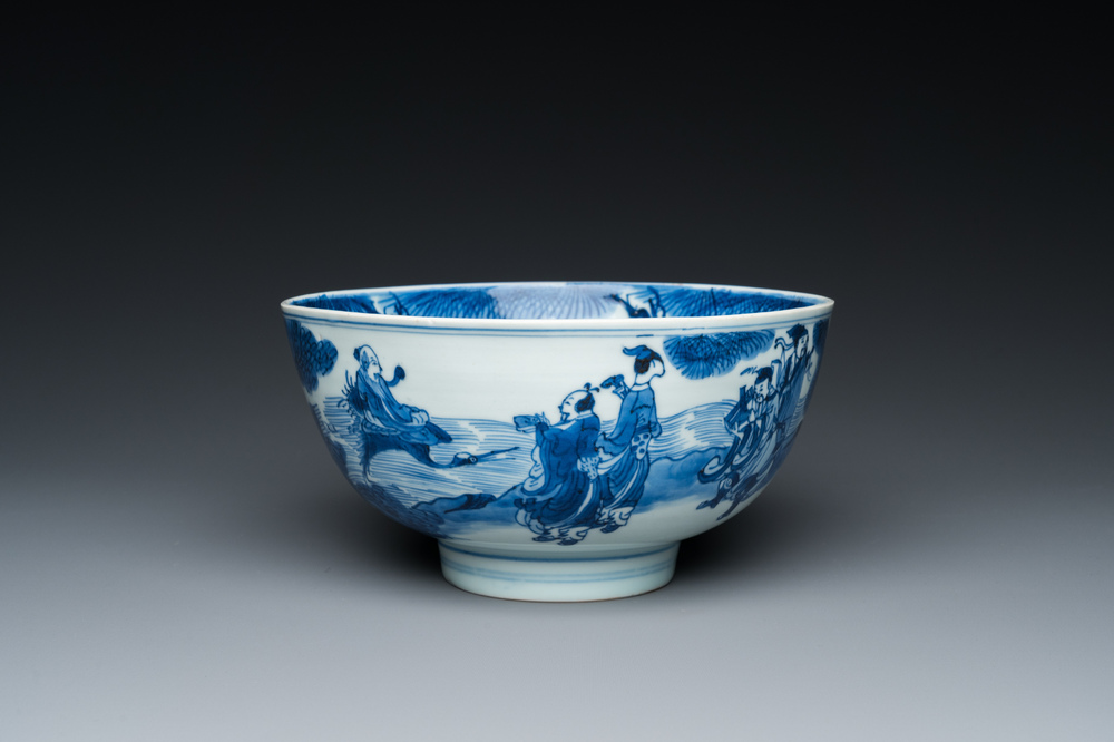A Chinese blue and white 'immortals' bowl, Shen De Tang Bo Gu Zhi 慎德堂博古製 mark, Kangxi