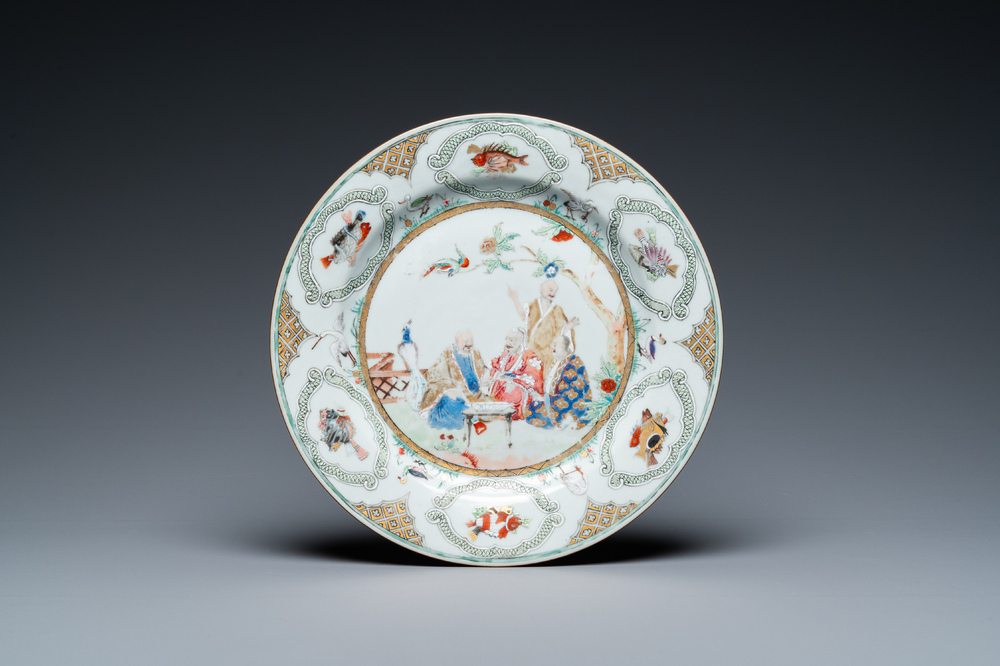 A Chinese famille rose plate after Cornelis Pronk: 'Doctor's visit', Qianlong