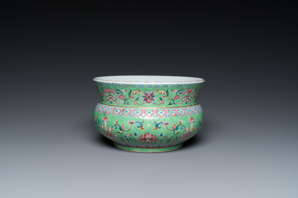 A Chinese lime-green-ground famille rose 'zhadou', Tongzhi mark but probably later
