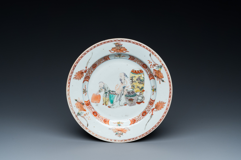 A Chinese famille verte plate with a scholar and his student, Yongzheng