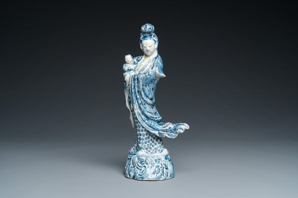 A Chinese blue and white Guanyin with child, Cai Fu Ji 蔡福記 mark, Republic