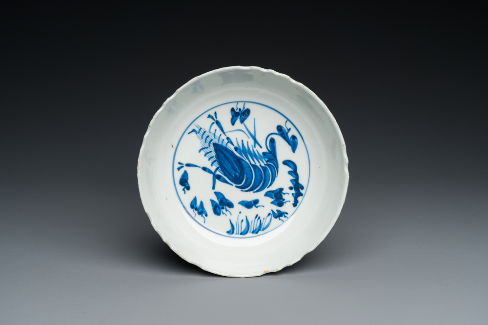 A Chinese blue and white &lsquo;prawn&rsquo; plate, Tianqi
