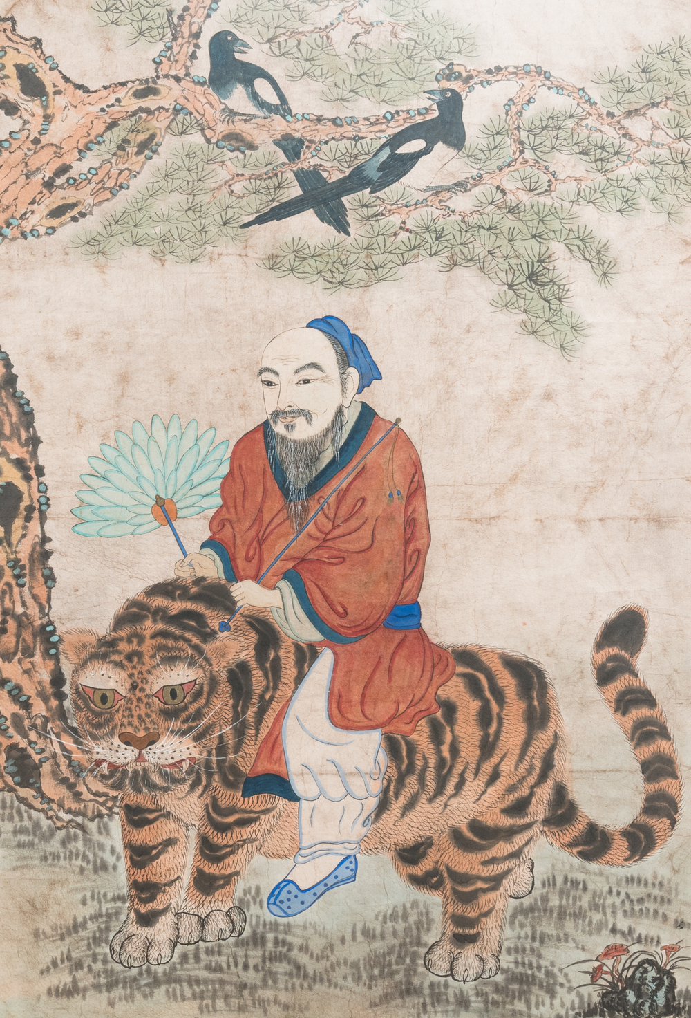 Ecole cor&eacute;enne: 'Esprit de montagne sur un tigre', encre et couleurs sur papier, Jos&eacute;on, 19&egrave;me