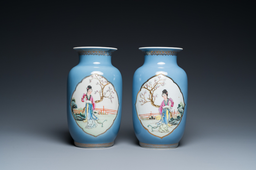 A pair of Chinese famille rose lavender-blue-ground vases, Qianlong mark, Republic