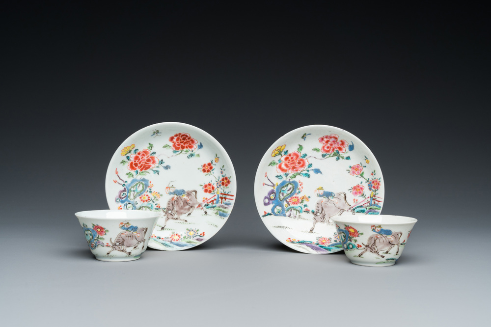 A pair of Chinese famille rose cups and saucers, Yongzheng