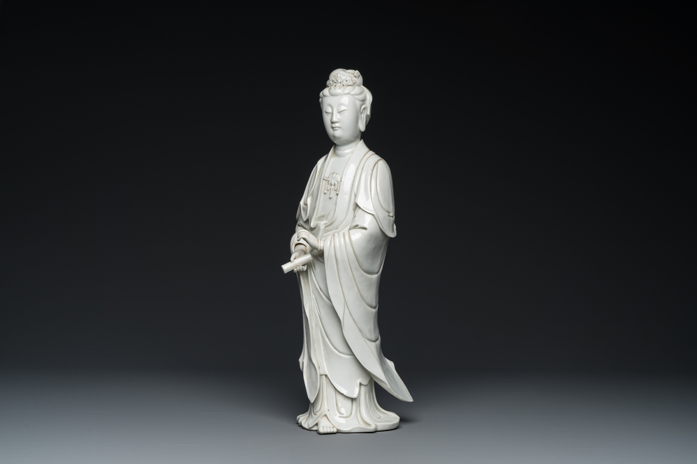 A tall Chinese Dehua blanc de Chine Guanyin, seal mark, Qing
