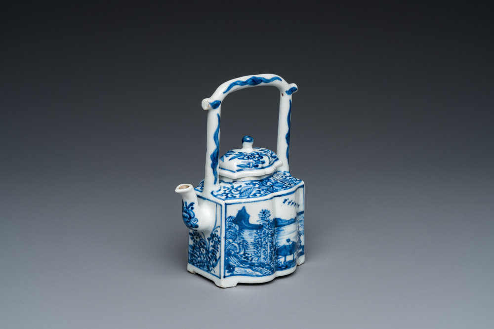 A Chinese blue and white 'landscape' teapot and cover, Kangxi