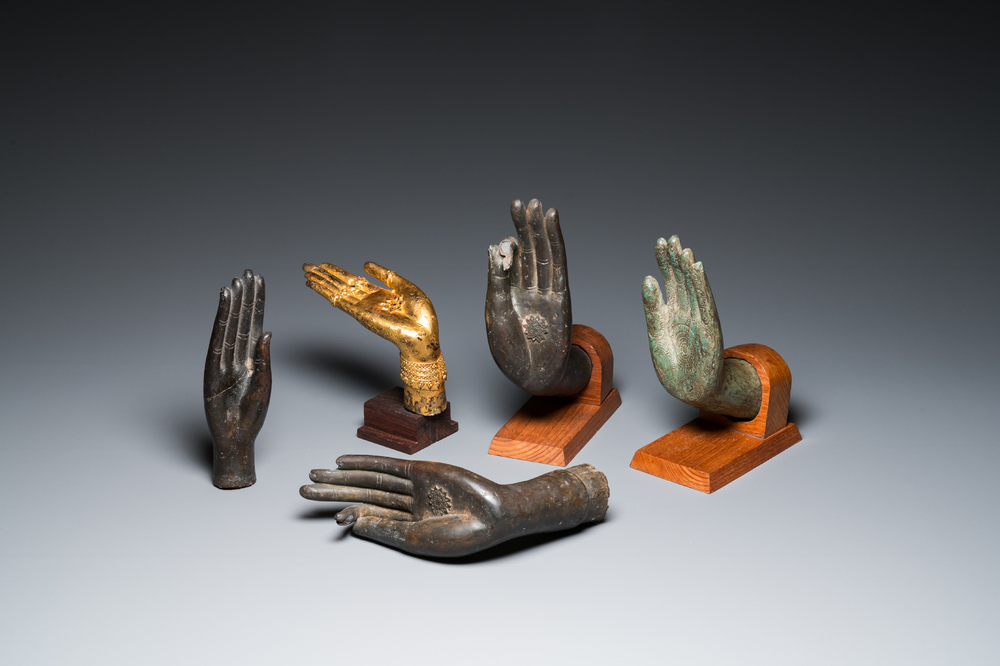 Five Thai or Burmese bronze hands of Buddha, 16/17th C. and later