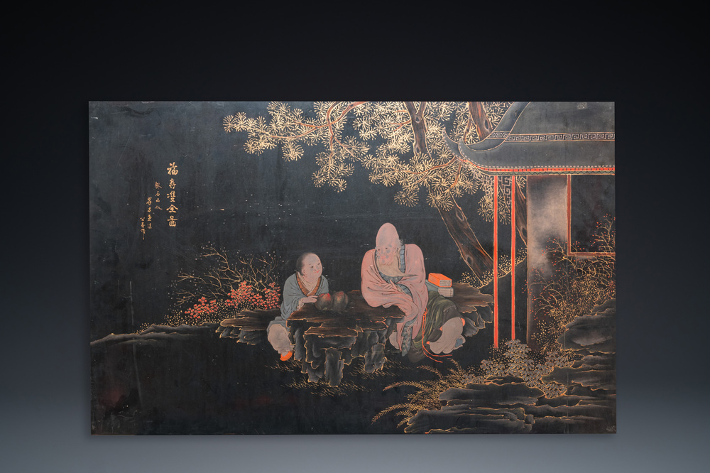 A large Chinese Fuzhou or Foochow lacquer panel, signed Hu Gong Shou 胡公寿, 19/20th C.