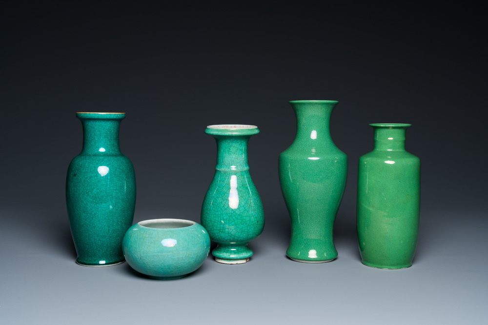 Four Chinese green-glazed vases and a brush washer, 19/20th C.