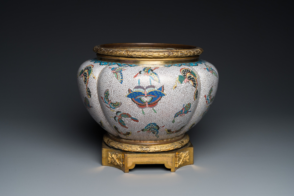 A Chinese cloisonn&eacute; '100 butterflies' jardini&egrave;re with gilt bronze mounts, 19th C.