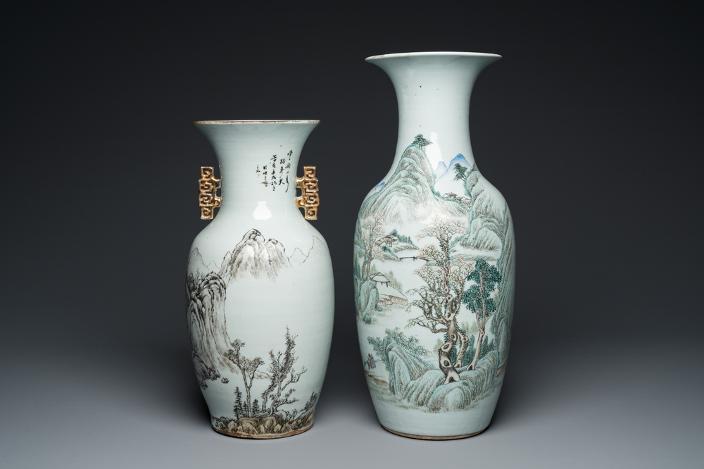 Two Chinese qianjiang cai 'mountainous landscape' vases, signed Hu Zhongzhen 胡仲贞, 19/20th C.