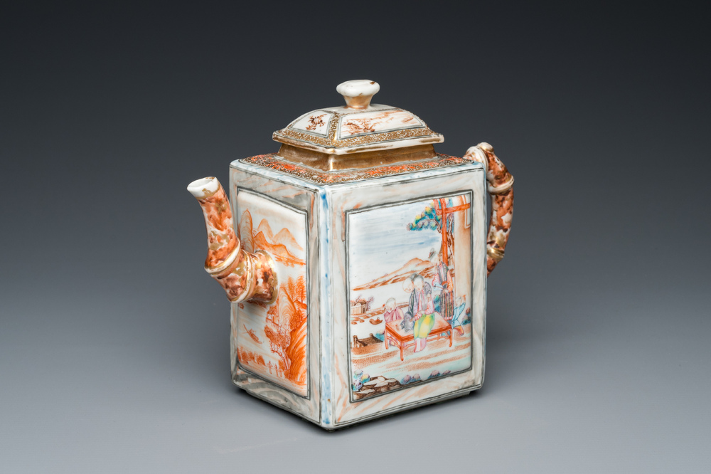 A large Chinese faux-bamboo 'mandarin' teapot and cover, Qianlong