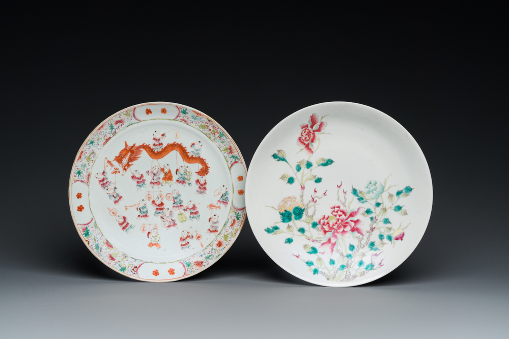 Two Chinese famille rose '100 boys' and floral subject plates, Guangxu and Qianlong marks, 19th C.