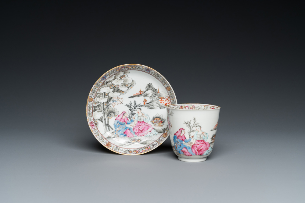 A Chinese famille rose 'erotical subject' cup and saucer, Yongzheng/Qianlong