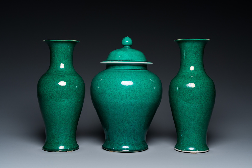 A Chinese monochrome green-glazed garniture of three vases, Republic