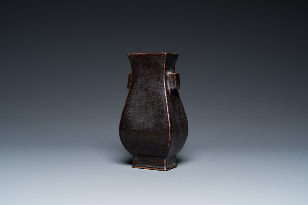 A Chinese monochrome dark aubergine-glazed 'fanghu' vase, probably Qianlong