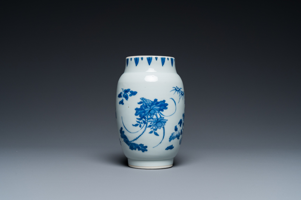 A Chinese blue and white vase with floral design, Transitional period
