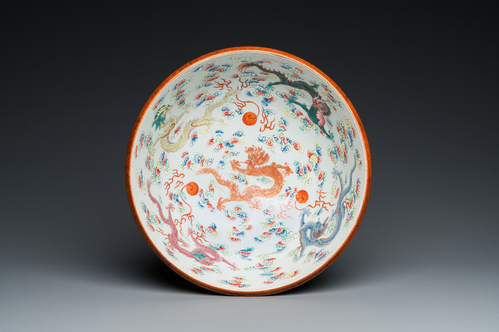 A Chinese famille rose 'five dragons' bowl, 19th C.