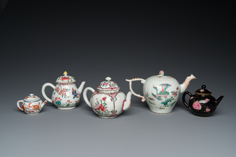 Five Chinese famille rose and Imari-style teapots and covers, Yongzheng/Qianlong