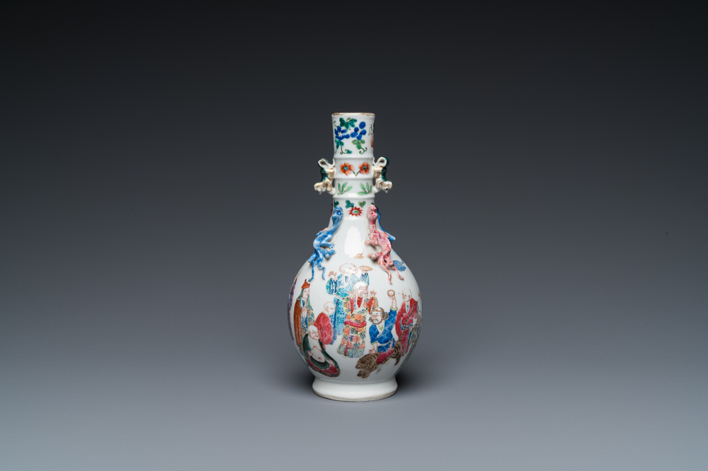 A Chinese famille rose '18 Luohans' bottle vase, 19th C.