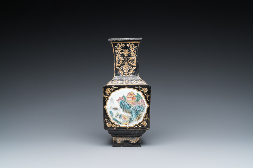 A Chinese black-ground famille rose vase, Qianlong mark, Republic
