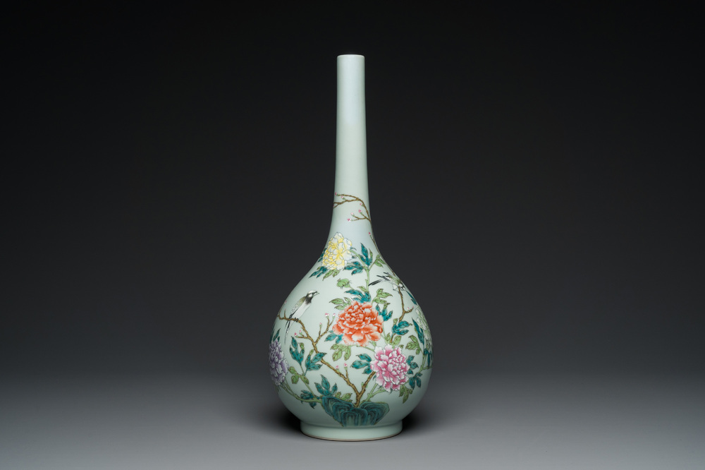 A large Chinese famille rose celadon-ground bottle vase, Qianlong mark, Republic