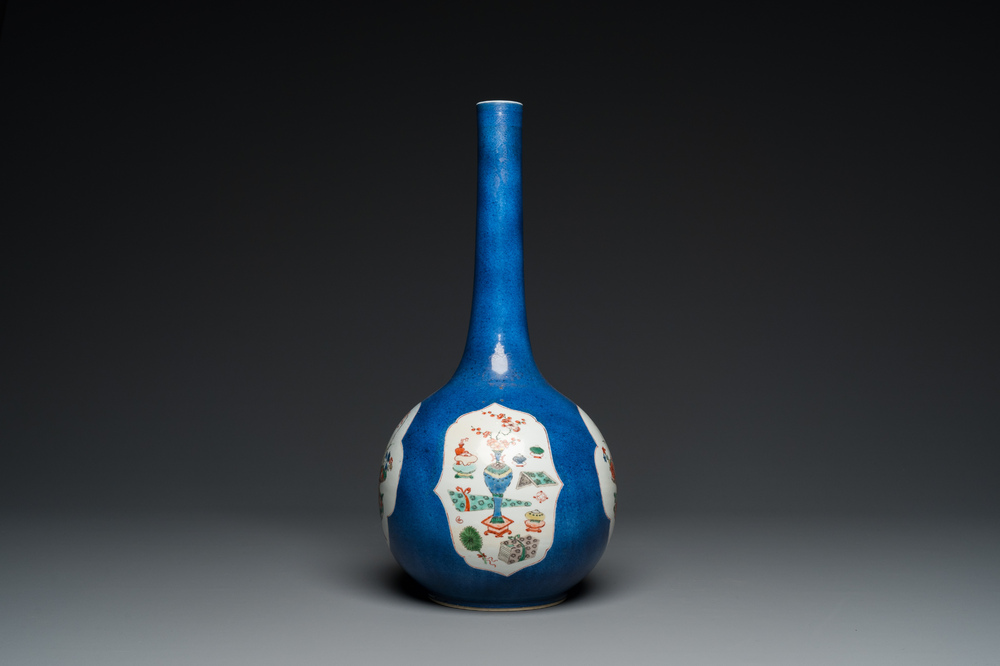A Chinese famille verte powder-blue-ground bottle vase, Kangxi