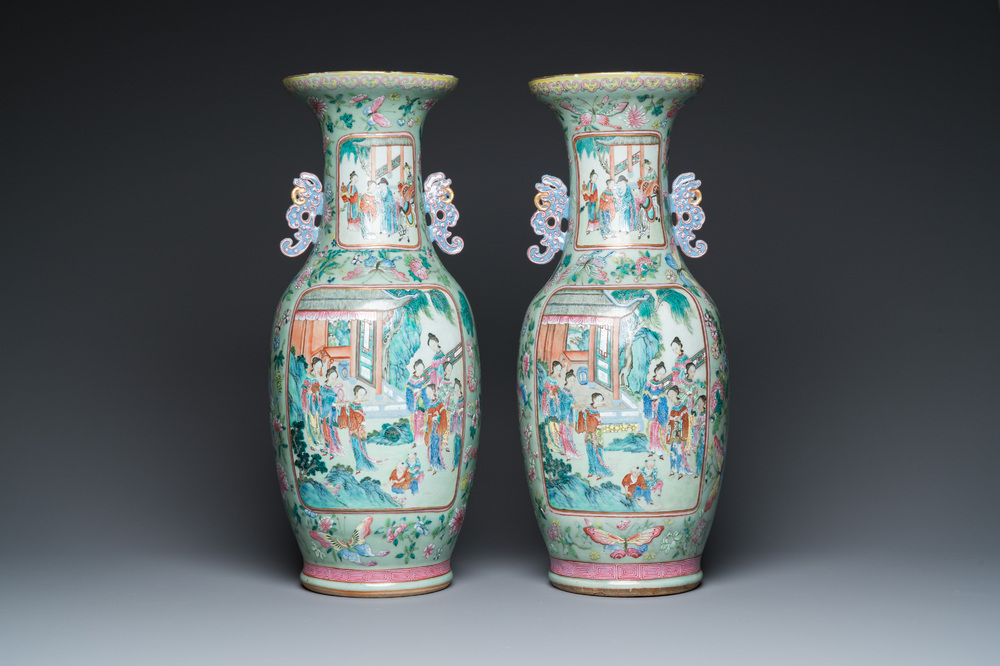 A pair of Chinese famille rose celadon-ground vases, 19th C.